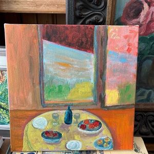 Window with a view oil painting 10x10” yellow lunch table  on canvas. On Sale